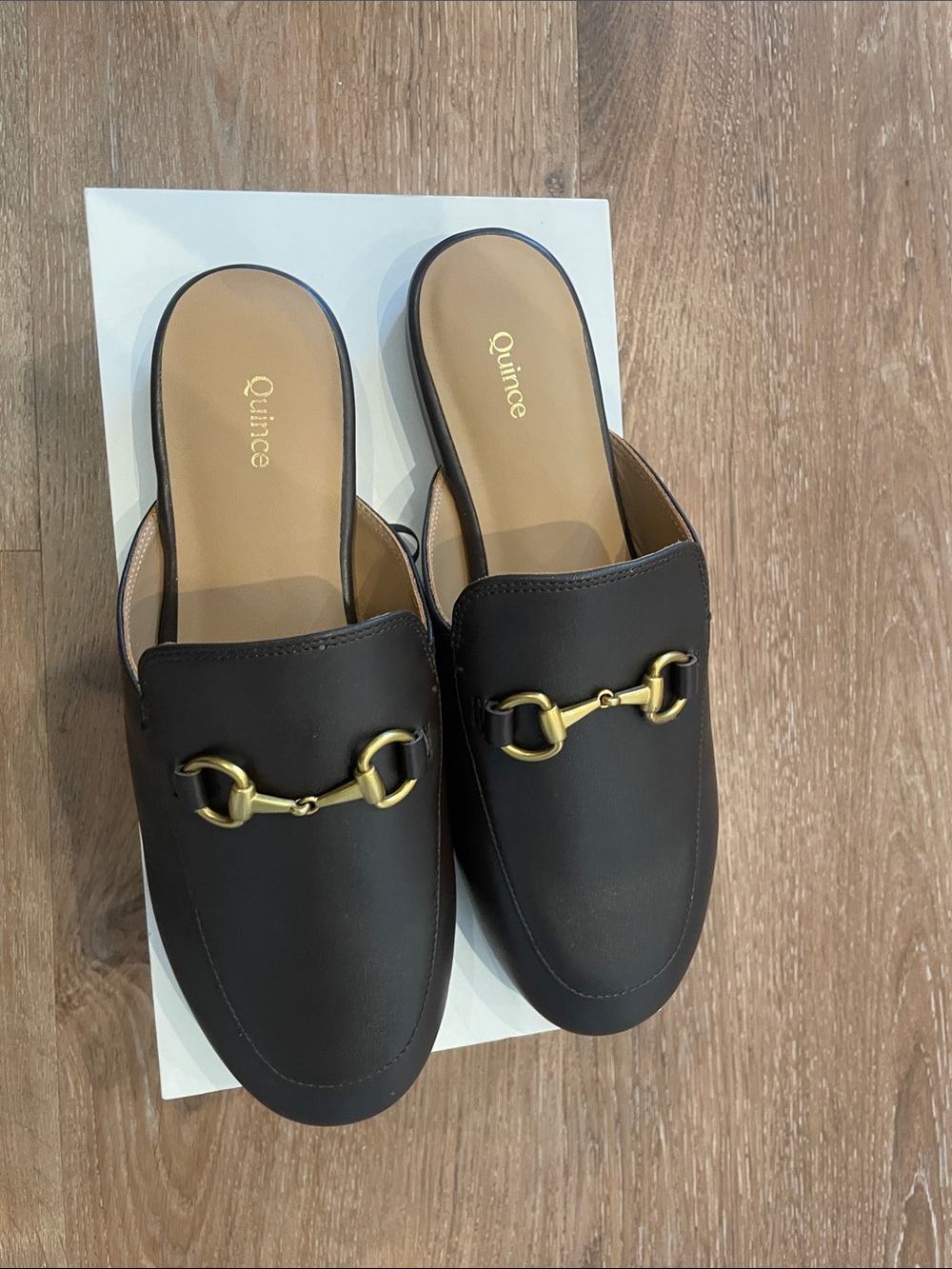 Quince Black Leather Slip-On Mules with Gold Bit Detail